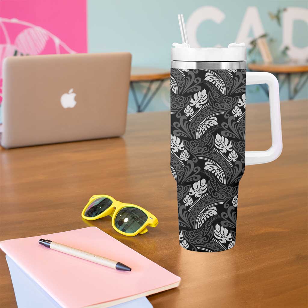 Grayscale Monstera Tumbler With Handle Polynesian Tribal Pattern - Polynesian Pride