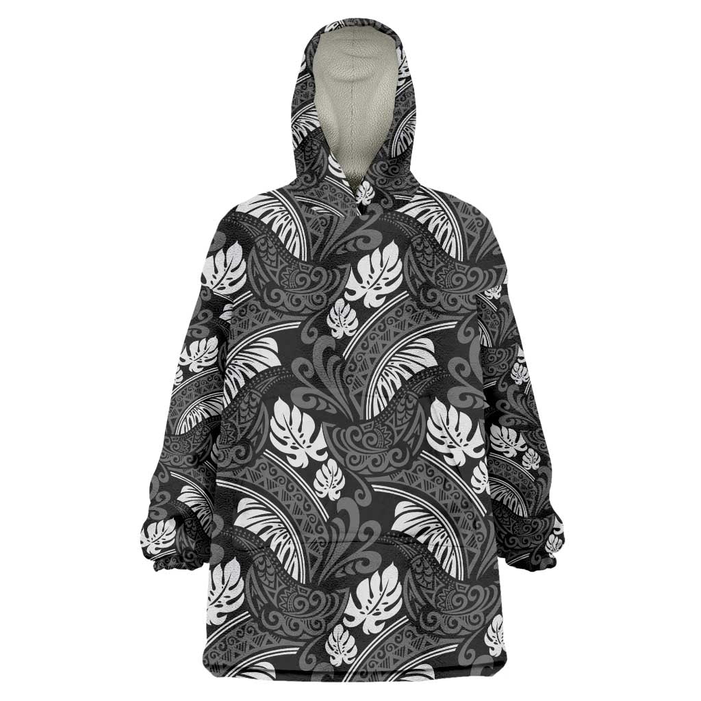 Grayscale Monstera Wearable Blanket Hoodie Polynesian Tribal Pattern - Polynesian Pride