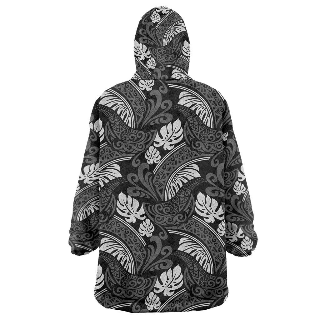 Grayscale Monstera Wearable Blanket Hoodie Polynesian Tribal Pattern - Polynesian Pride