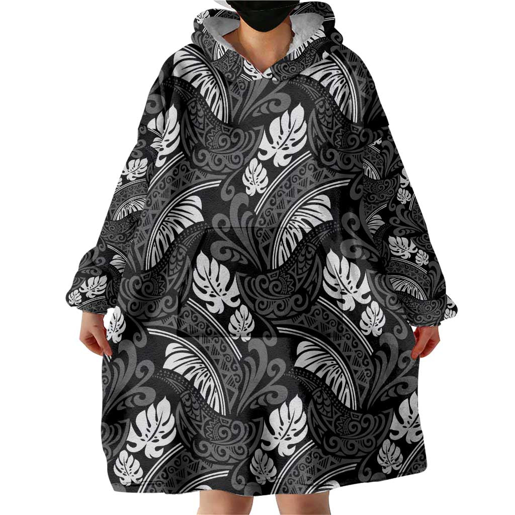 Grayscale Monstera Wearable Blanket Hoodie Polynesian Tribal Pattern - Polynesian Pride