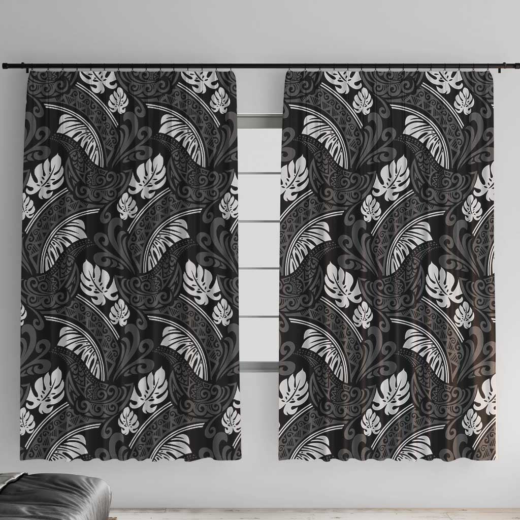 Grayscale Monstera Window Curtain Polynesian Tribal Pattern - Polynesian Pride
