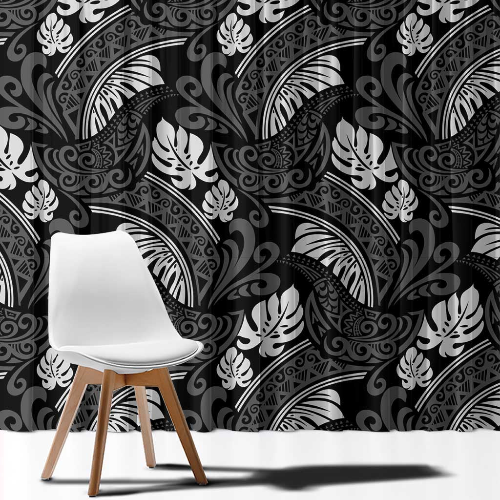 Grayscale Monstera Window Curtain Polynesian Tribal Pattern - Polynesian Pride