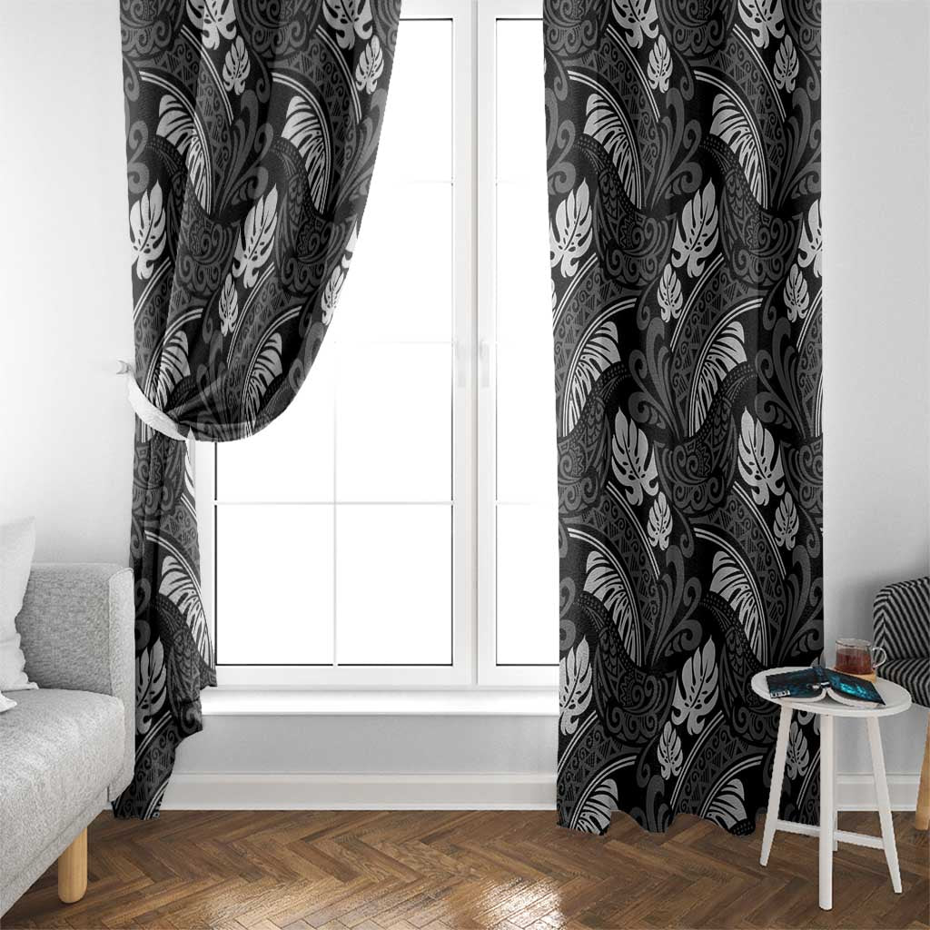 Grayscale Monstera Window Curtain Polynesian Tribal Pattern - Polynesian Pride