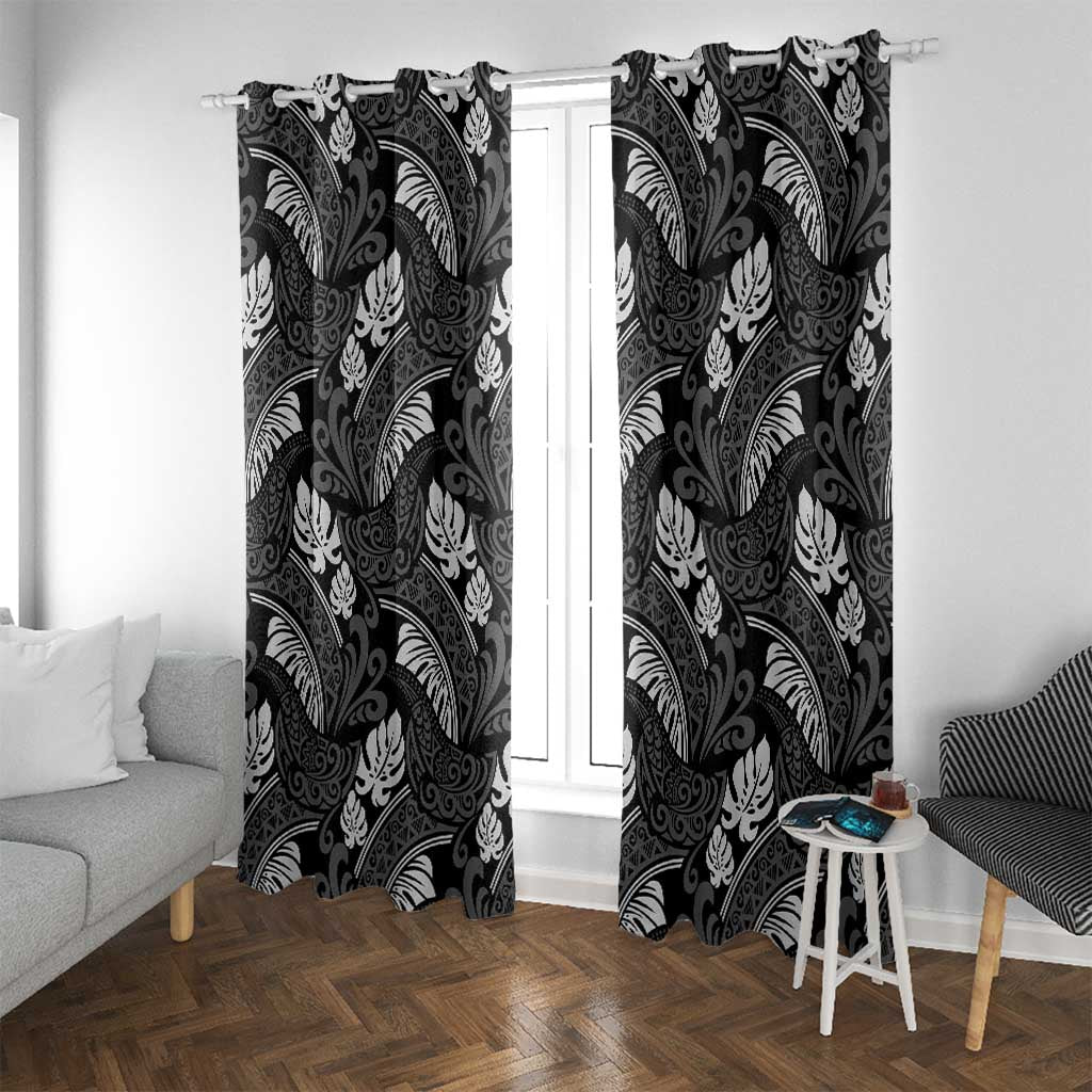 Grayscale Monstera Window Curtain Polynesian Tribal Pattern - Polynesian Pride