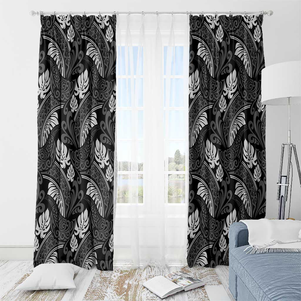 Grayscale Monstera Window Curtain Polynesian Tribal Pattern - Polynesian Pride