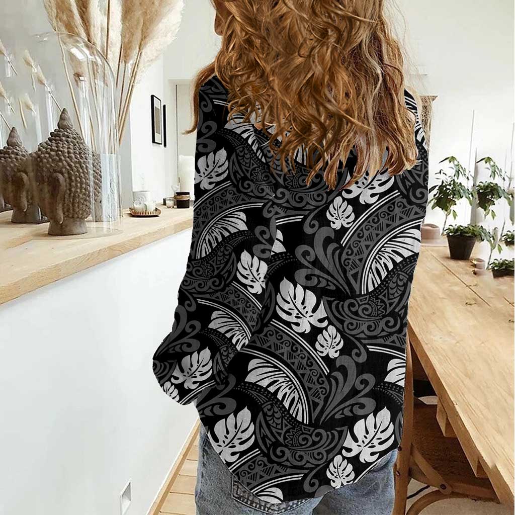 Grayscale Monstera Women Casual Shirt Polynesian Tribal Pattern - Polynesian Pride