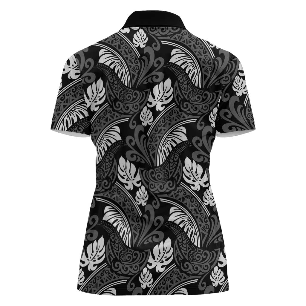 Grayscale Monstera Women Polo Shirt Polynesian Tribal Pattern - Polynesian Pride