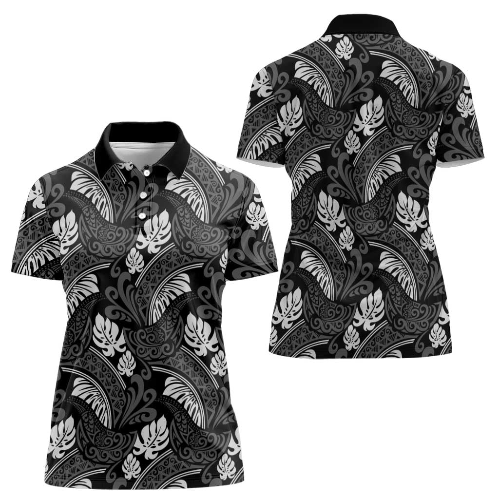 Grayscale Monstera Women Polo Shirt Polynesian Tribal Pattern - Polynesian Pride