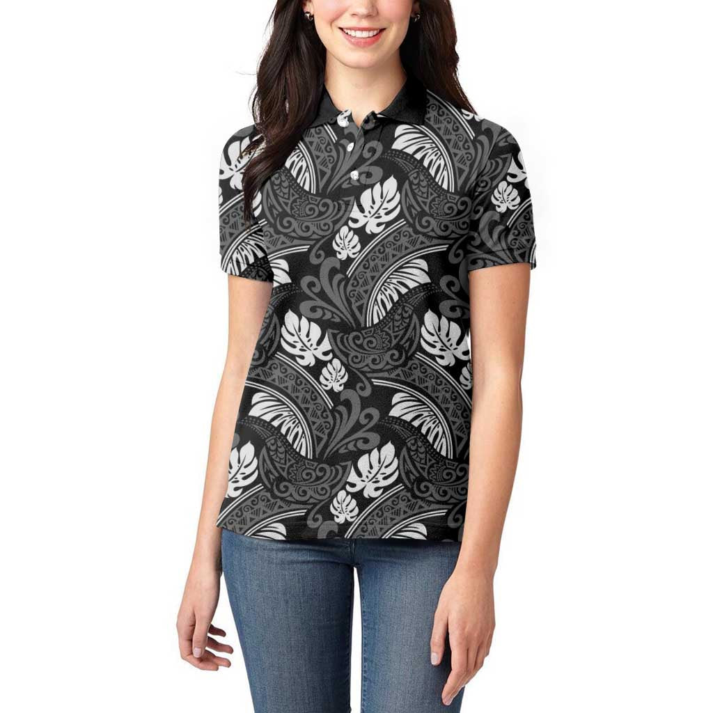 Grayscale Monstera Women Polo Shirt Polynesian Tribal Pattern - Polynesian Pride