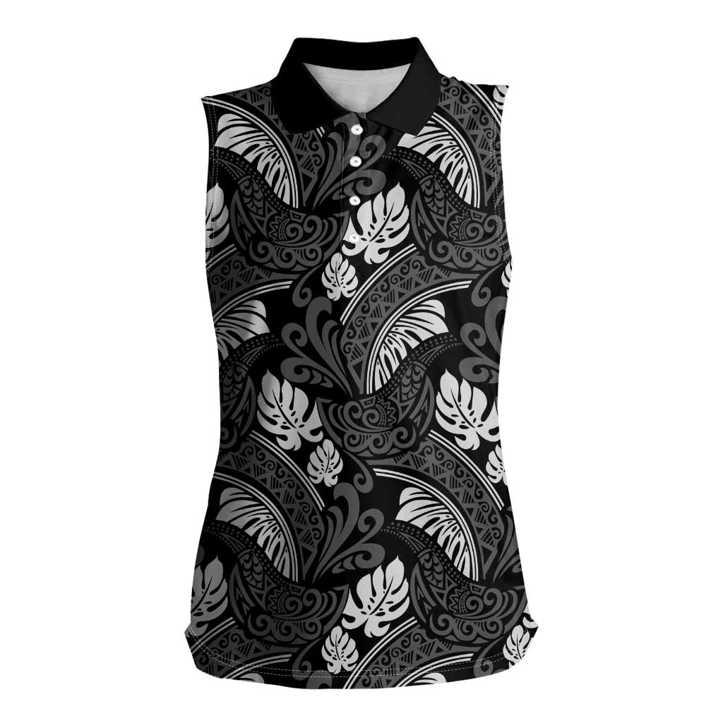 Grayscale Monstera Women Sleeveless Polo Shirt Polynesian Tribal Pattern - Polynesian Pride