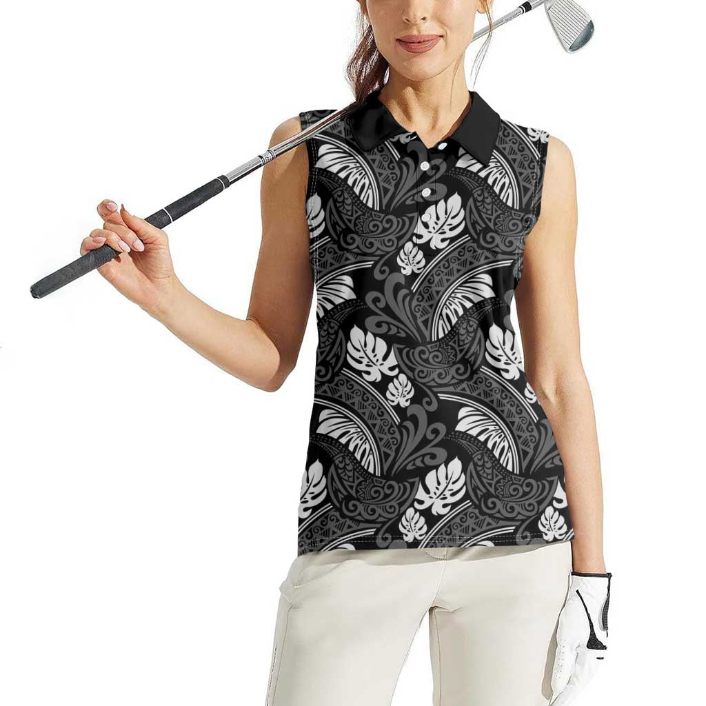 Grayscale Monstera Women Sleeveless Polo Shirt Polynesian Tribal Pattern - Polynesian Pride