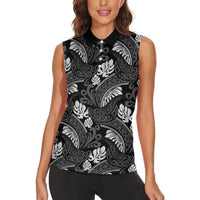 Grayscale Monstera Women Sleeveless Polo Shirt Polynesian Tribal Pattern - Polynesian Pride
