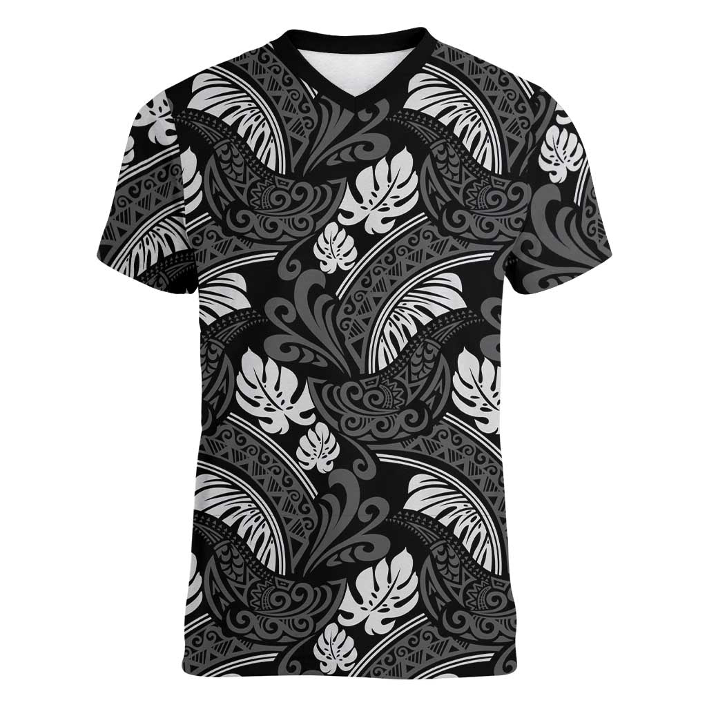 Grayscale Monstera Women V-Neck T-Shirt Polynesian Tribal Pattern - Polynesian Pride