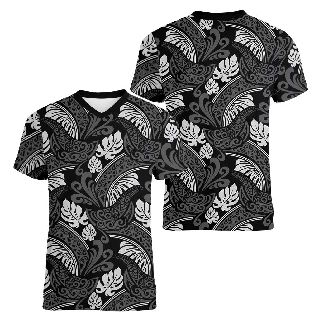 Grayscale Monstera Women V-Neck T-Shirt Polynesian Tribal Pattern - Polynesian Pride