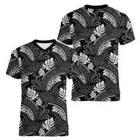 Grayscale Monstera Women V-Neck T-Shirt Polynesian Tribal Pattern - Polynesian Pride