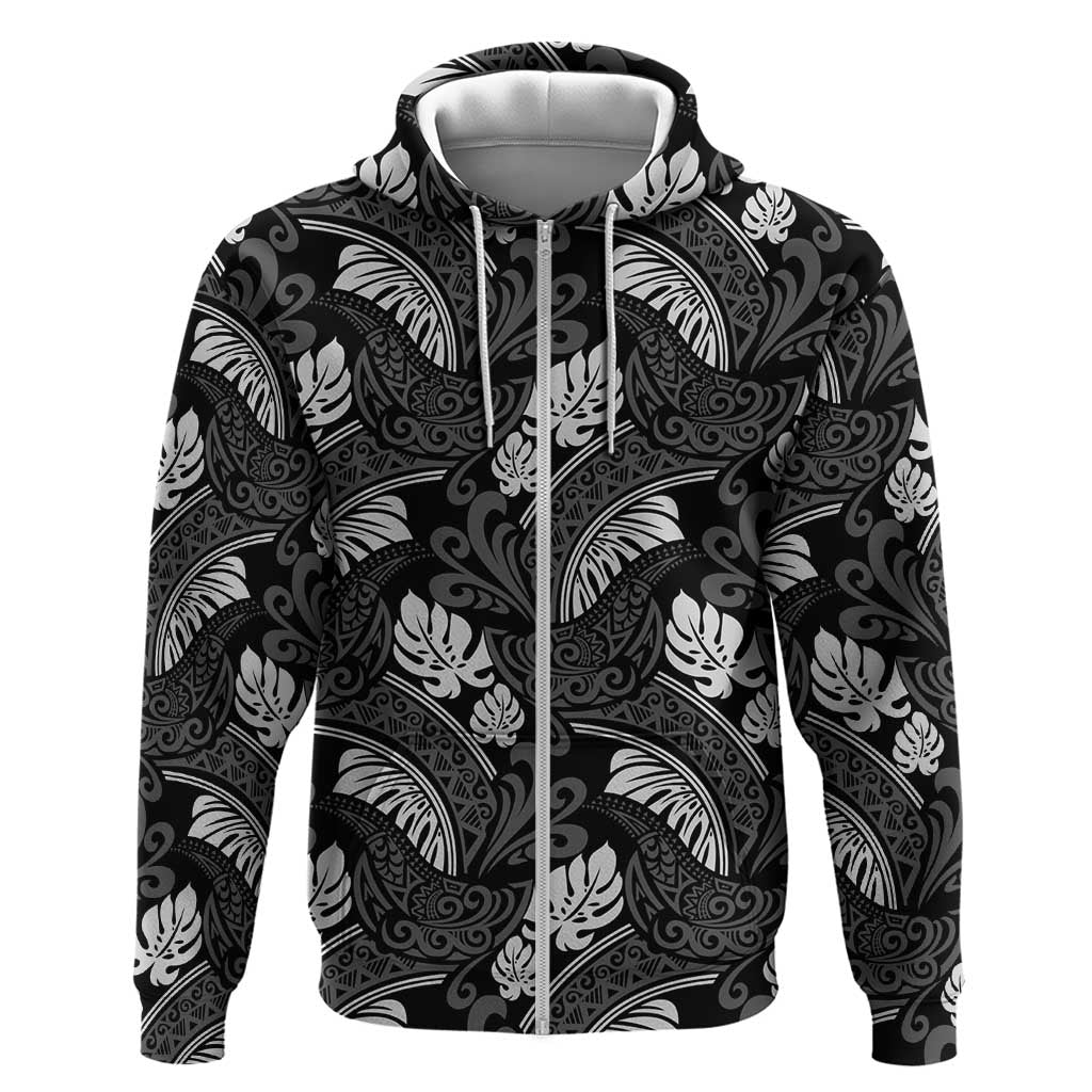 Grayscale Monstera Zip Hoodie Polynesian Tribal Pattern - Polynesian Pride