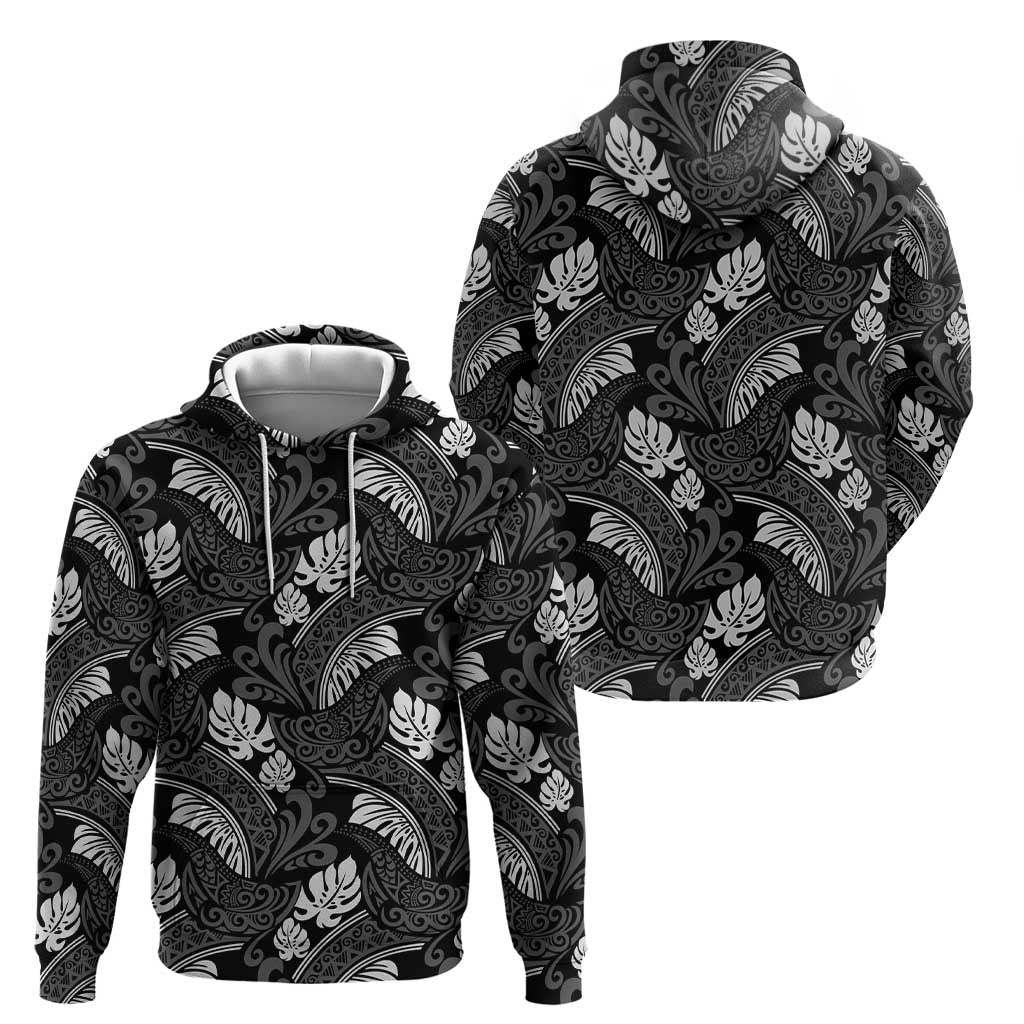 Grayscale Monstera Zip Hoodie Polynesian Tribal Pattern - Polynesian Pride