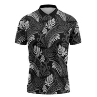 Grayscale Monstera Zipper Polo Shirt Polynesian Tribal Pattern - Polynesian Pride