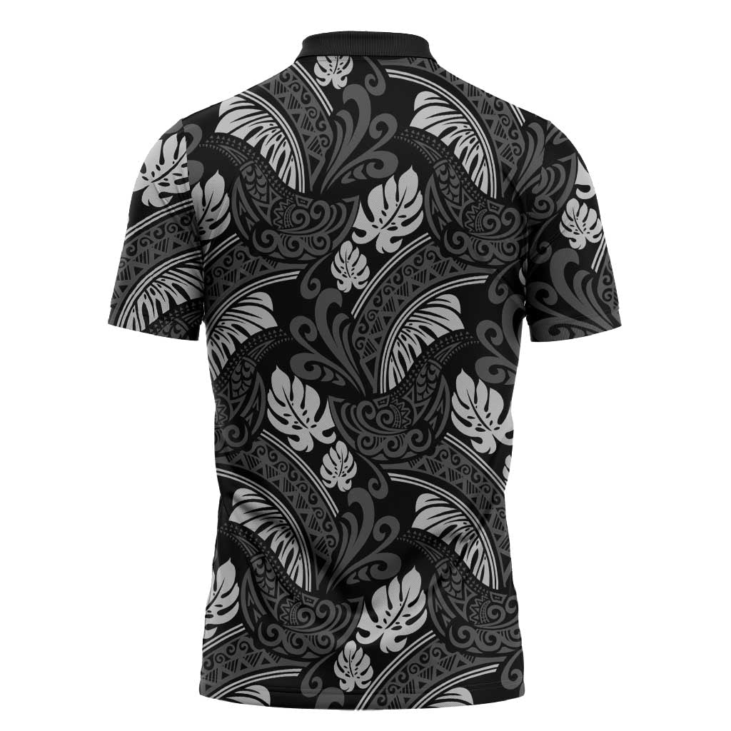 Grayscale Monstera Zipper Polo Shirt Polynesian Tribal Pattern - Polynesian Pride