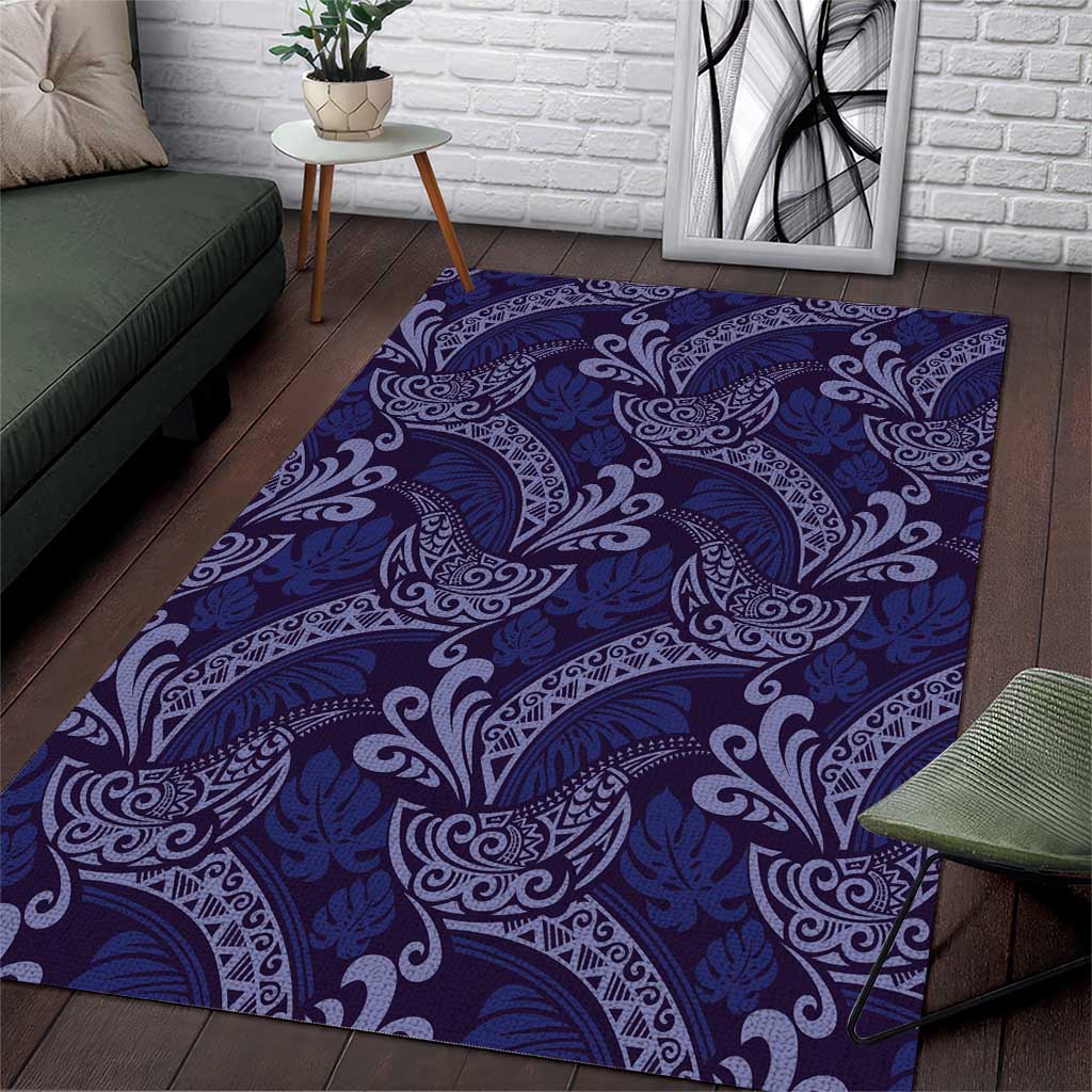 Deep Blue Monstera Area Rug Polynesian Tribal Pattern - Polynesian Pride
