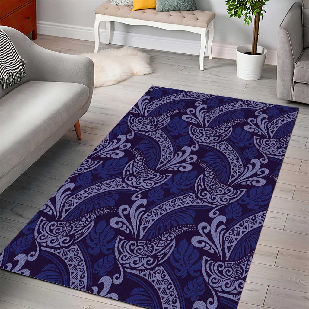 Deep Blue Monstera Area Rug Polynesian Tribal Pattern - Polynesian Pride