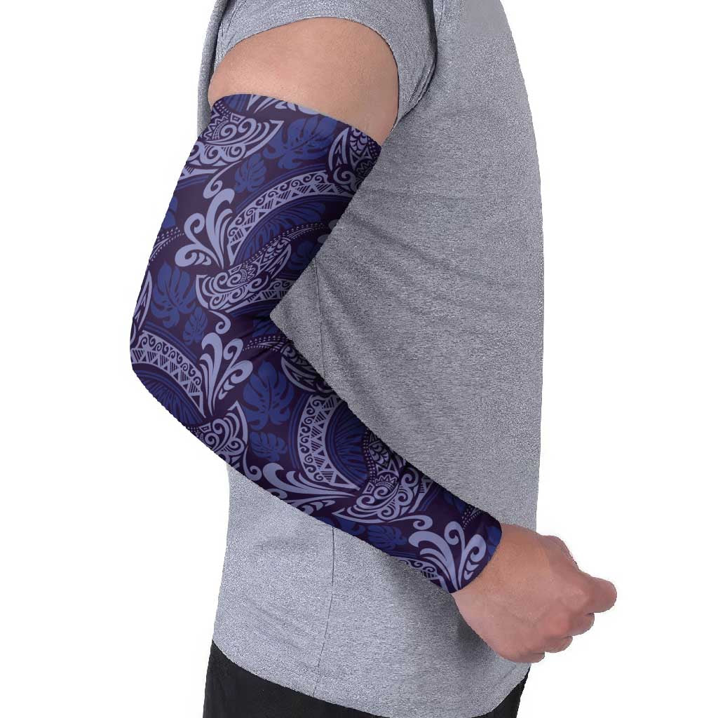 Deep Blue Monstera Arm Sleeves Polynesian Tribal Pattern - Polynesian Pride