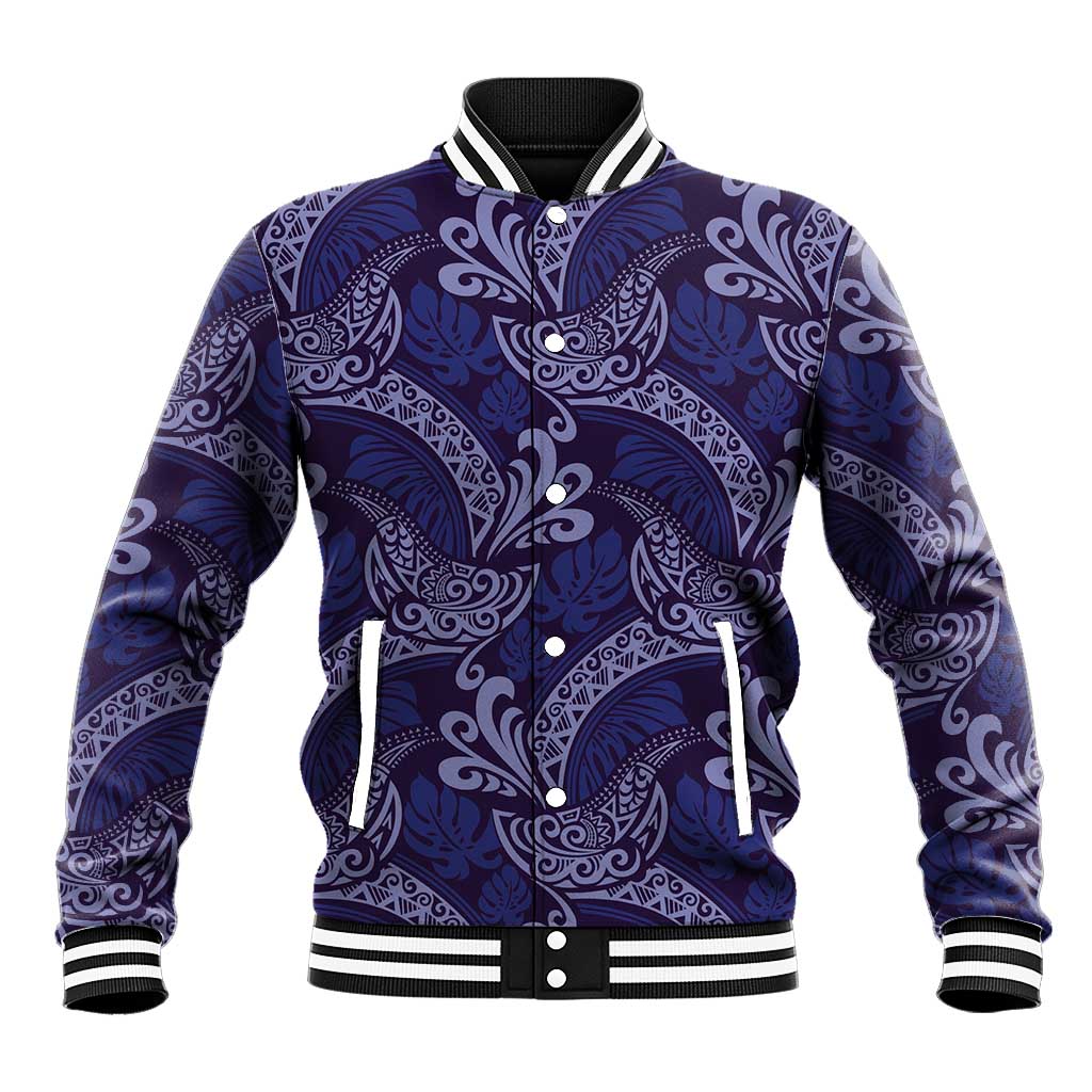 Deep Blue Monstera Baseball Jacket Polynesian Tribal Pattern - Polynesian Pride