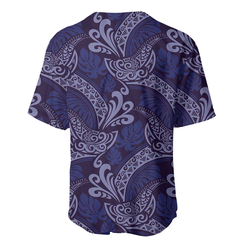 Deep Blue Monstera Baseball Jersey Polynesian Tribal Pattern - Polynesian Pride