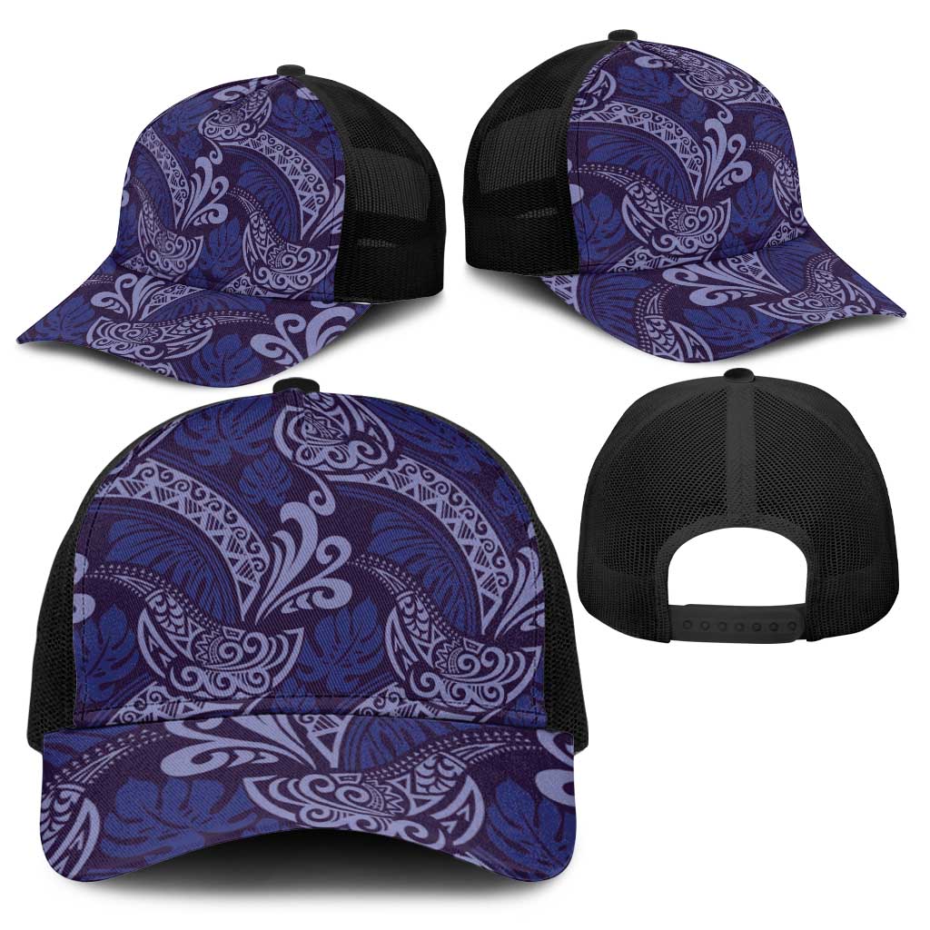 Deep Blue Monstera Baseball Net Cap Polynesian Tribal Pattern - Polynesian Pride