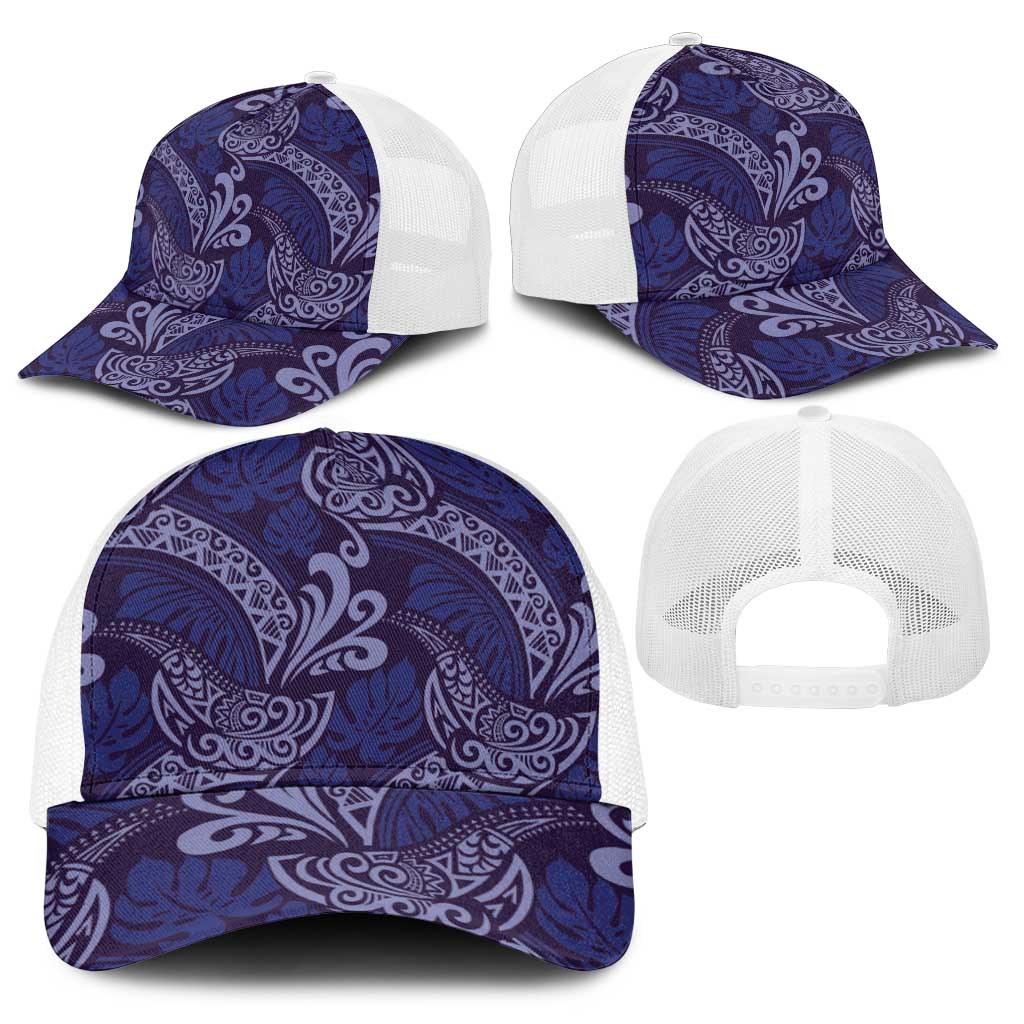 Deep Blue Monstera Baseball Net Cap Polynesian Tribal Pattern - Polynesian Pride