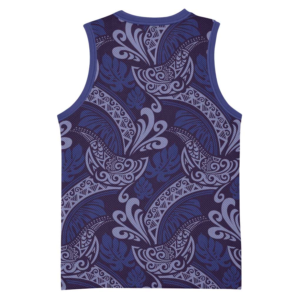 Deep Blue Monstera Basketball Jersey Polynesian Tribal Pattern - Polynesian Pride
