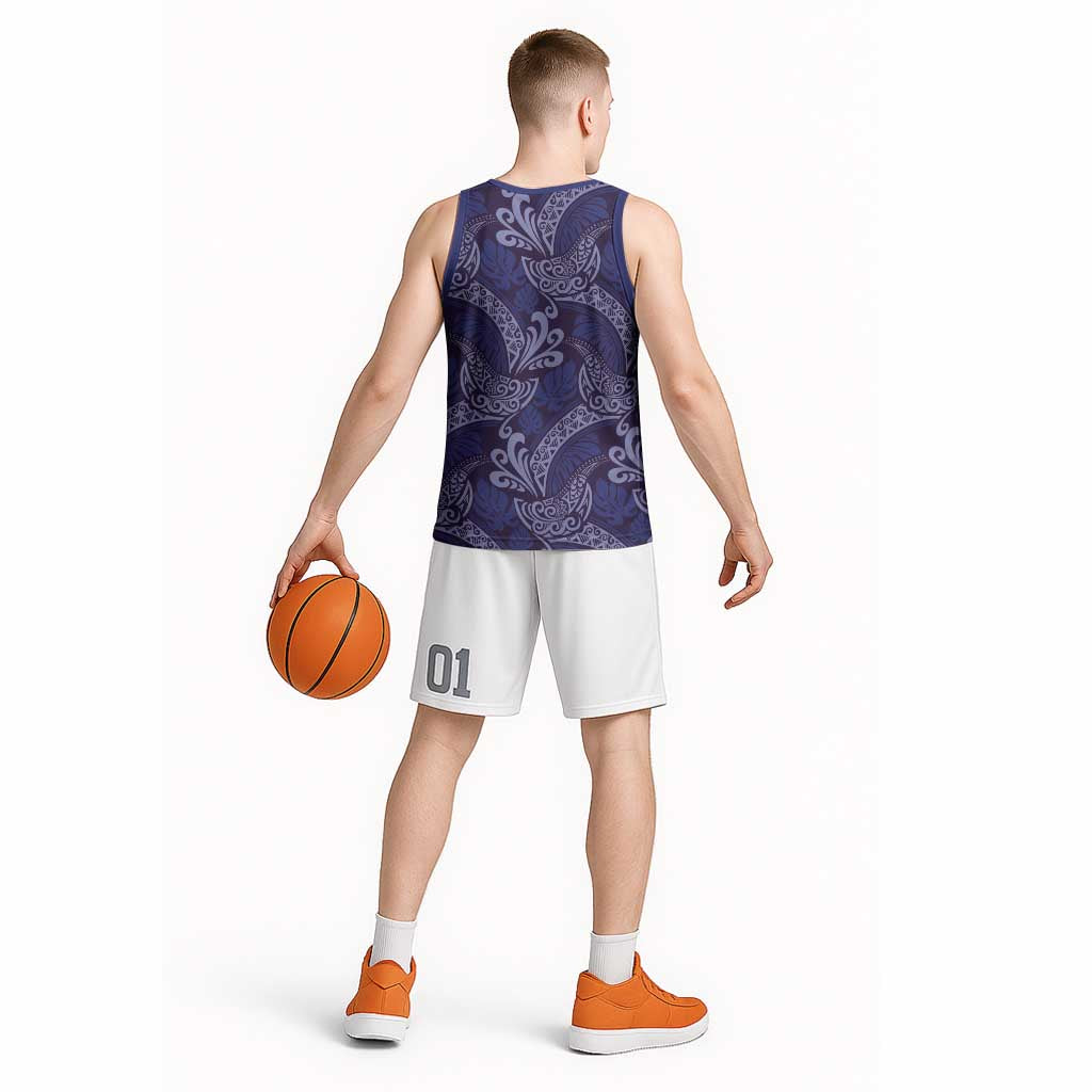 Deep Blue Monstera Basketball Jersey Polynesian Tribal Pattern - Polynesian Pride