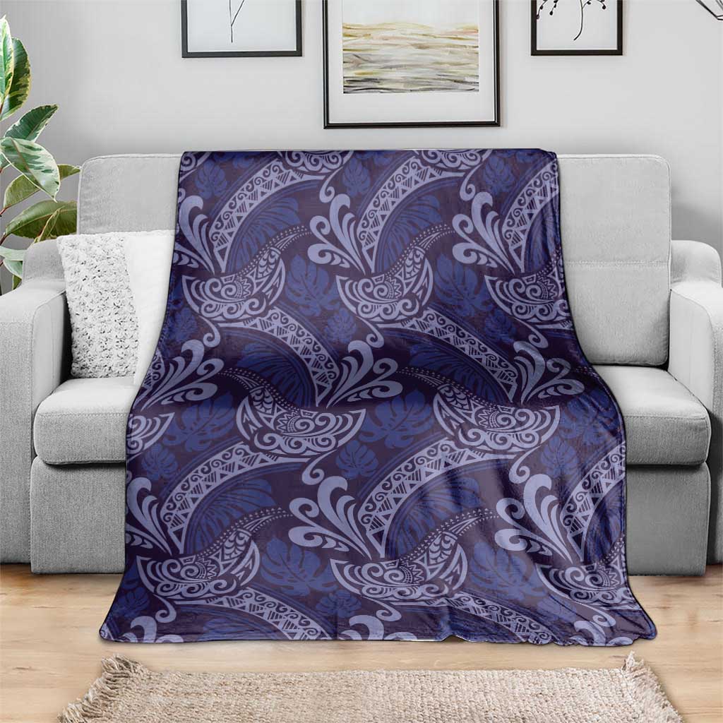 Deep Blue Monstera Blanket Polynesian Tribal Pattern - Polynesian Pride