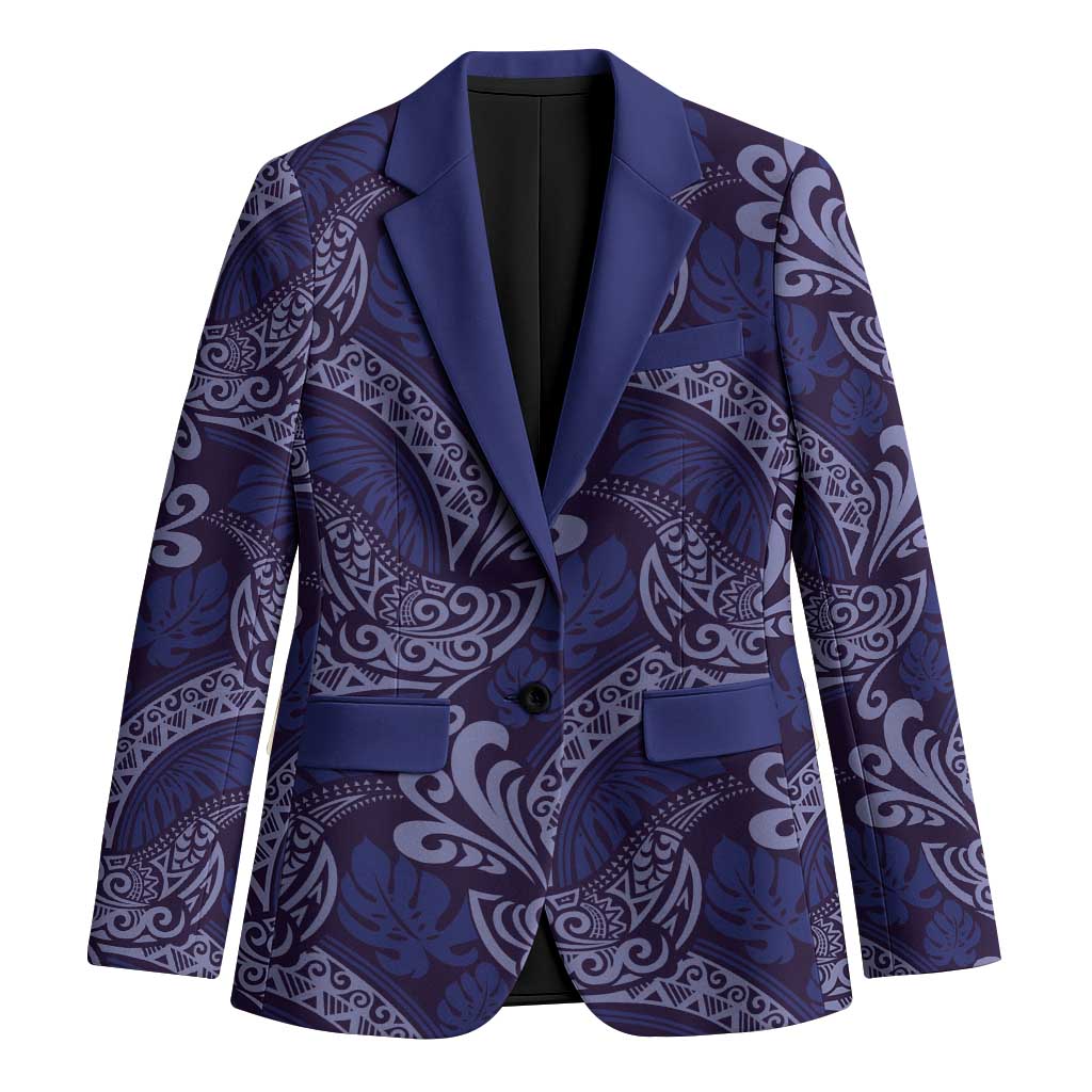 Deep Blue Monstera Blazer Polynesian Tribal Pattern - Polynesian Pride
