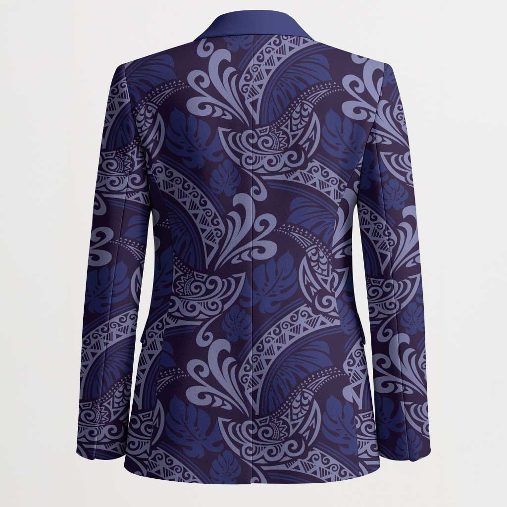 Deep Blue Monstera Blazer Polynesian Tribal Pattern - Polynesian Pride