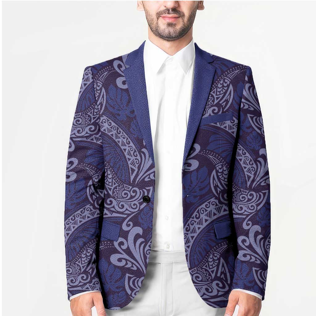 Deep Blue Monstera Blazer Polynesian Tribal Pattern - Polynesian Pride