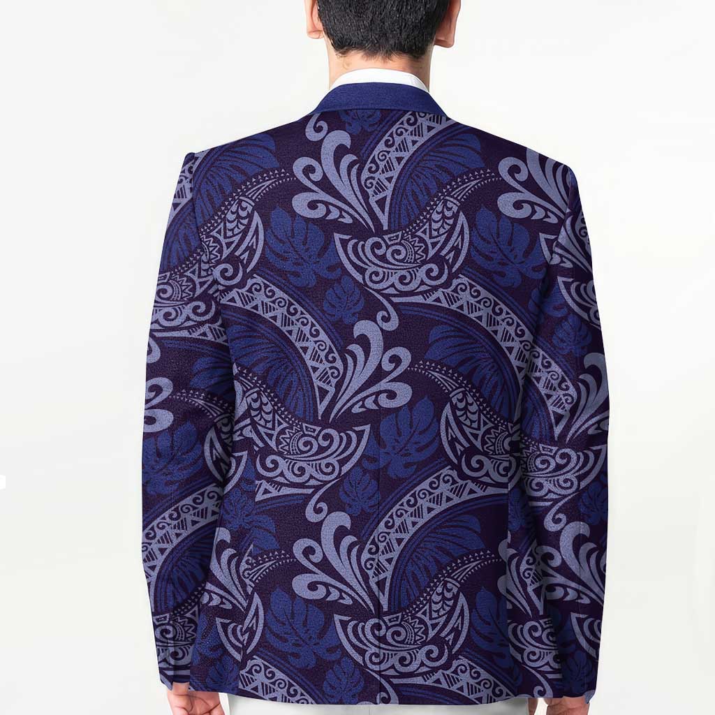 Deep Blue Monstera Blazer Polynesian Tribal Pattern - Polynesian Pride