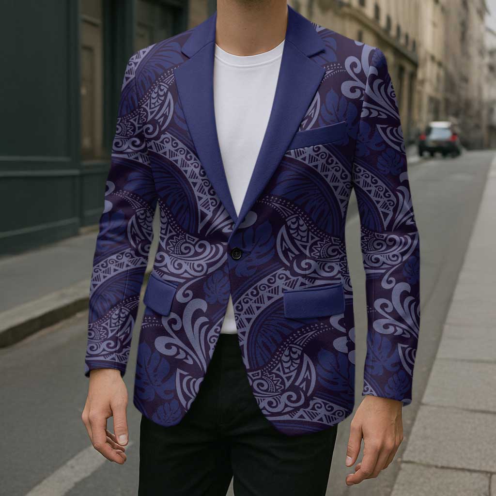Deep Blue Monstera Blazer Polynesian Tribal Pattern - Polynesian Pride