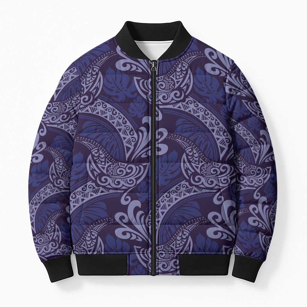Deep Blue Monstera Bomber Puffer Jacket Polynesian Tribal Pattern - Polynesian Pride