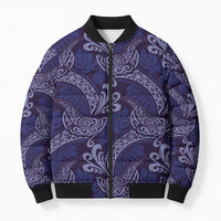 Deep Blue Monstera Bomber Puffer Jacket Polynesian Tribal Pattern - Polynesian Pride