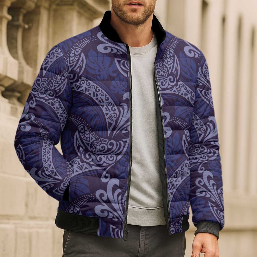 Deep Blue Monstera Bomber Puffer Jacket Polynesian Tribal Pattern - Polynesian Pride