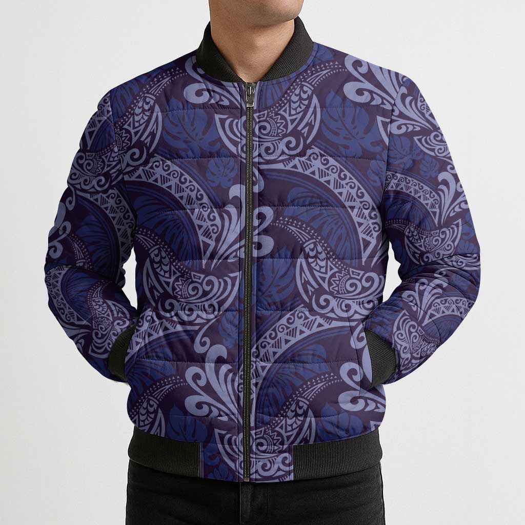Deep Blue Monstera Bomber Puffer Jacket Polynesian Tribal Pattern - Polynesian Pride
