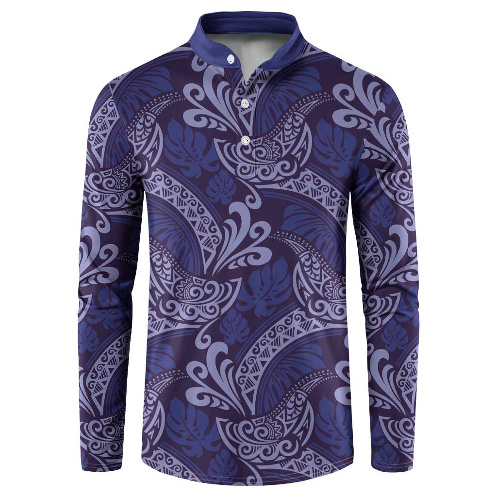 Deep Blue Monstera Button Sweatshirt Polynesian Tribal Pattern - Polynesian Pride