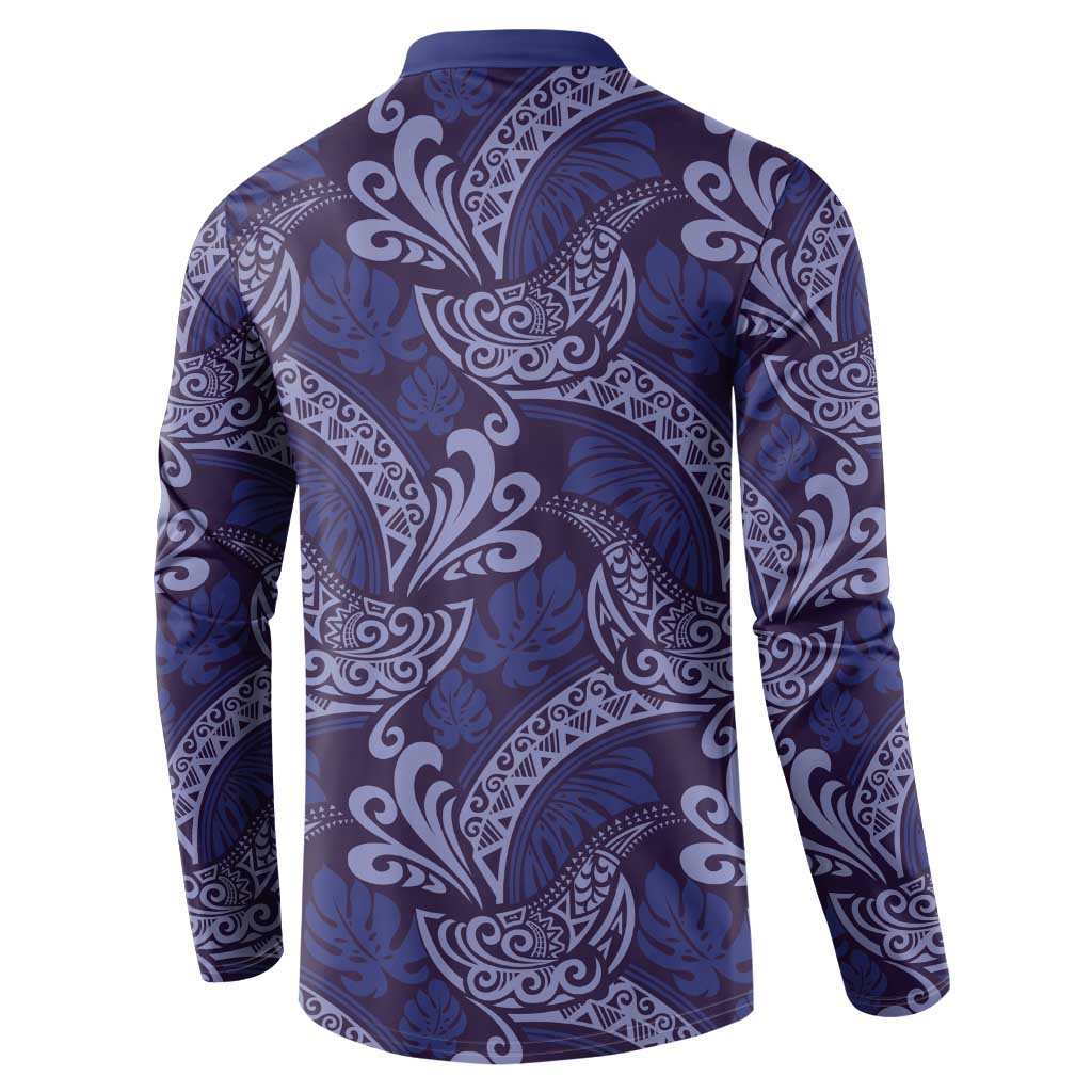 Deep Blue Monstera Button Sweatshirt Polynesian Tribal Pattern - Polynesian Pride