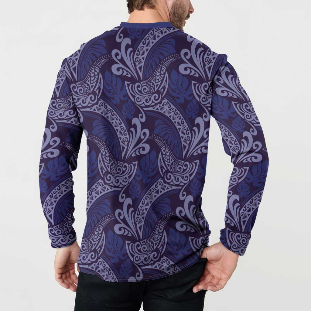 Deep Blue Monstera Button Sweatshirt Polynesian Tribal Pattern - Polynesian Pride