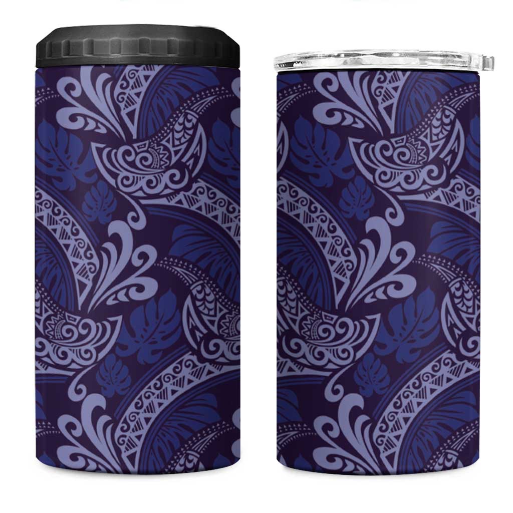 Deep Blue Monstera 4 in 1 Can Cooler Tumbler Polynesian Tribal Pattern - Polynesian Pride