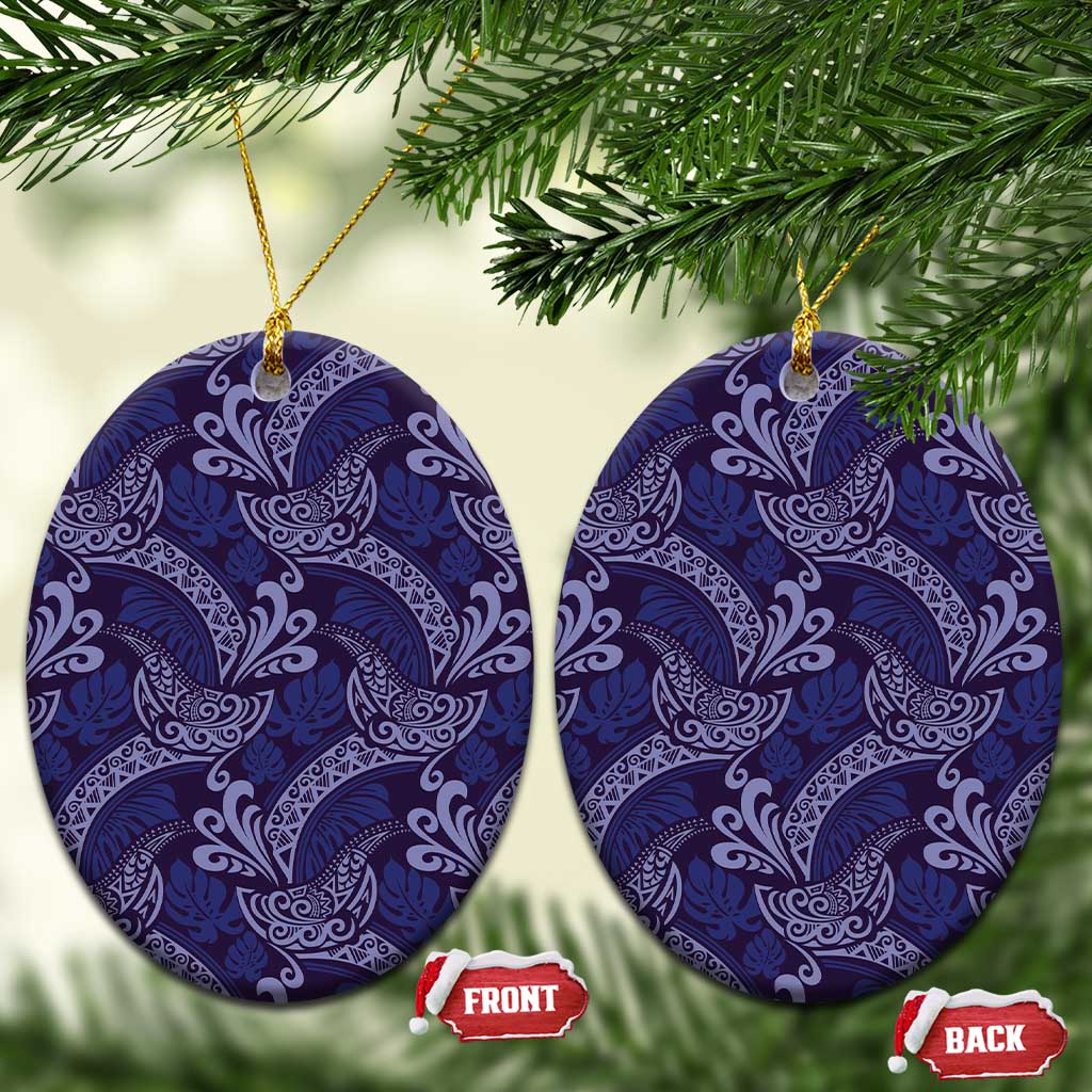 Deep Blue Monstera Ceramic Ornament Polynesian Tribal Pattern - Polynesian Pride