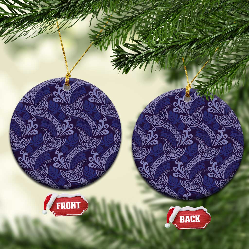 Deep Blue Monstera Ceramic Ornament Polynesian Tribal Pattern - Polynesian Pride