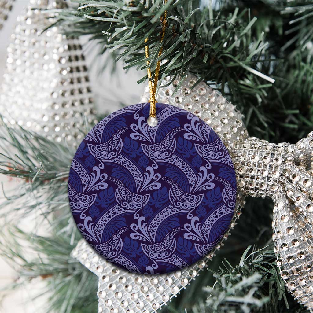 Deep Blue Monstera Ceramic Ornament Polynesian Tribal Pattern - Polynesian Pride