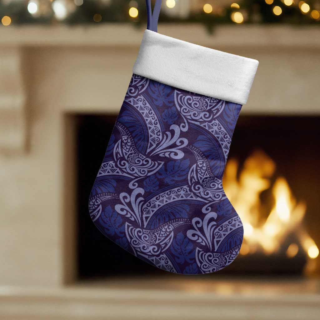 Deep Blue Monstera Christmas Stocking Polynesian Tribal Pattern - Polynesian Pride